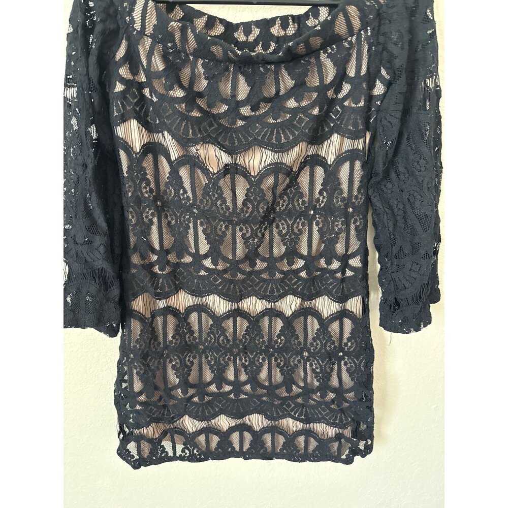 Crystal Doll Black Lace Bell Sleeve Mini Dress Nude Lining Boat Neck Womens M - Picture 2 of 11